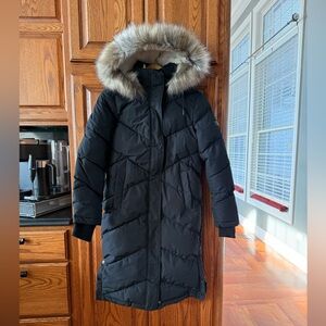 Black Quilted Coat with Fur Hood